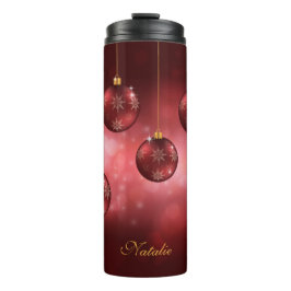 Garrafa Térmica Enfeites de Natal Vermelhos com Nome Personalizado