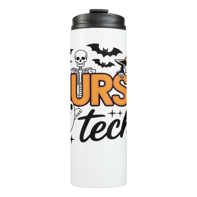 Garrafa Térmica Enfermeira Tech - Halloween - com esqueleto, bruxa (Frente)