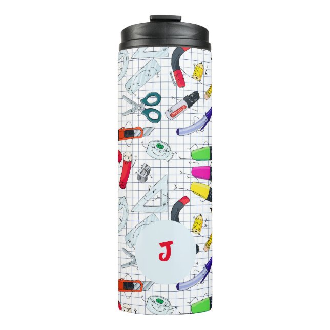 Garrafa Térmica Engraçado design com material escolar. Inicial per (Frente)