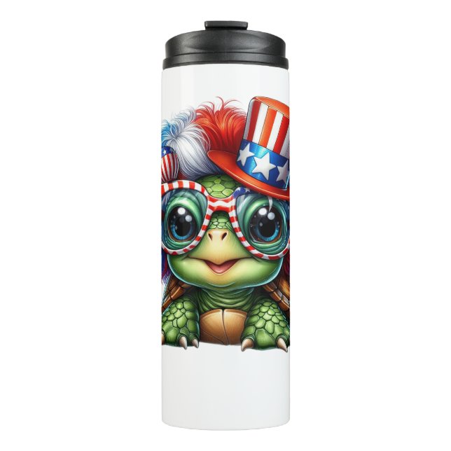 Garrafa Térmica Engraçado Turtle Patriótico EUA Flag Sunglass (Frente)