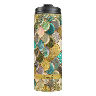 Garrafa Térmica Escamas de Sereia Multi Cor Brilho Glam Moderno