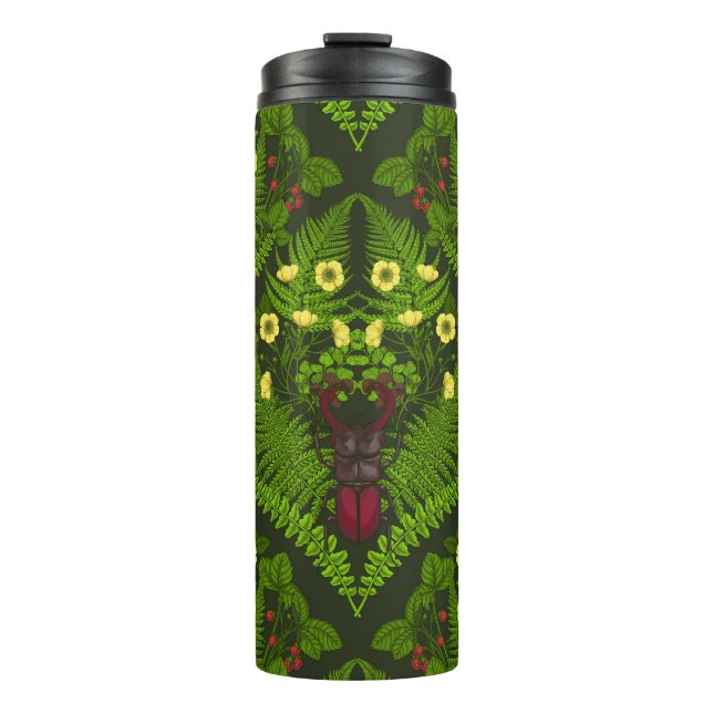Garrafa Térmica Escaravelho e samambaias, folhas verdes (Frente)