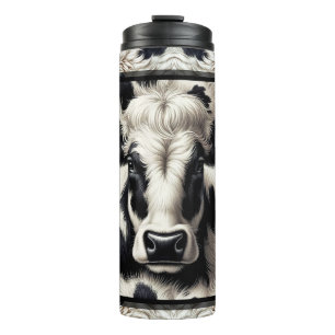 Garrafa Térmica Esmalte de Vaca Preto e Branco em Couro