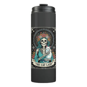 Garrafa Térmica Esqueleto de Gata Tarot Floral Gótico