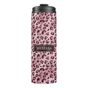 Garrafa Térmica Estampa Animal Leopardo Rosa Com Folha Falsa E Nom