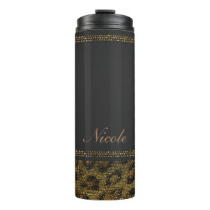 Garrafa Térmica Estampa de Leopardo Chita com Lantejoulas Pretas e