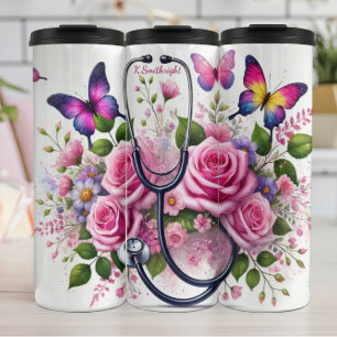 Garrafa Térmica Estetoscópio Rosas Borboletas Enfermeira Elegante