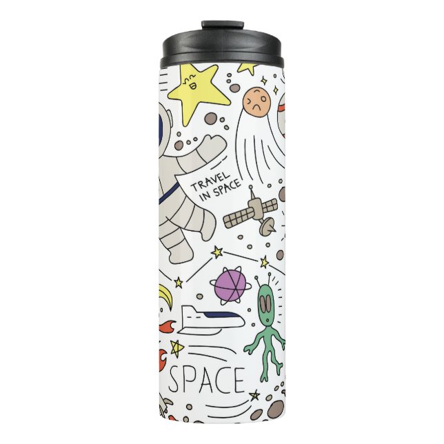 Garrafa Térmica Estilo de porta, ilustração do tema espacial. (Frente)