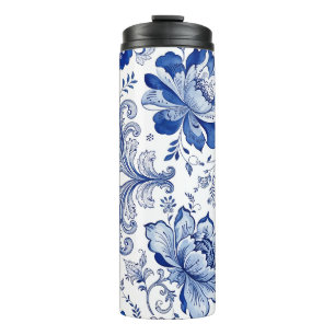 Garrafa Térmica Estilo Delft Azul Branco Flores Fantasia Caprichos