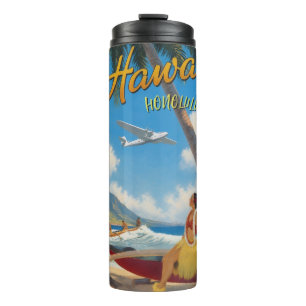 Garrafa Térmica Estilo Vintage Viagem Havaiano Honolulu Garota Hul