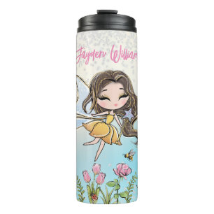 Garrafa Térmica Fada Floral Castanho Cabelo Menina Personalizada C