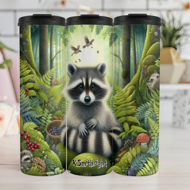 Garrafa Térmica Família Raccoon em Floresta Sunlit (Criador carregado)