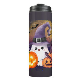 Garrafa Térmica Fantasma de Halloween Fofo com Chapéu de Bruxa e A