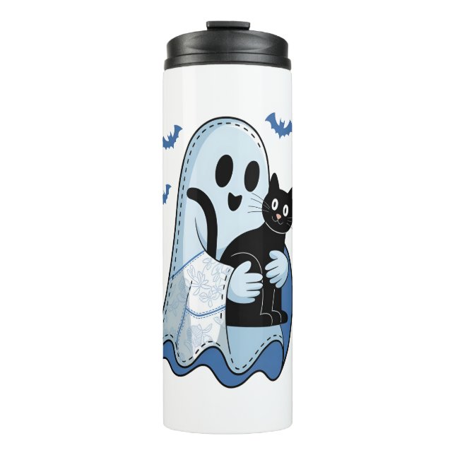 Garrafa Térmica Fantasma e Gato de Denim Azul de Halloween (Frente)