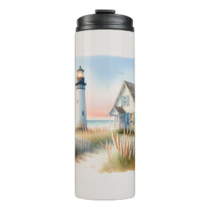 Garrafa Térmica Faro à Beira-Mar & Cena em Aquarela de Cabana