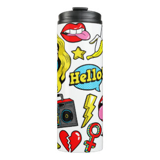 Garrafa Térmica Fashion patch badges with woman, lips, tape record