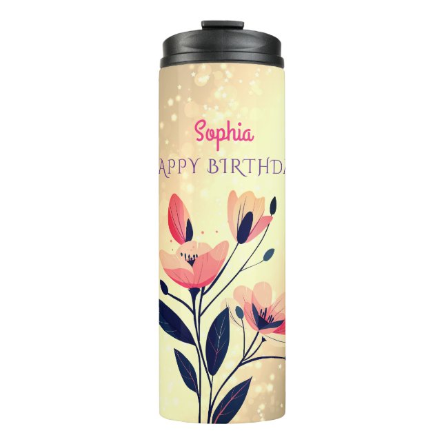 Garrafa Térmica Feliz Aniversário, Nome, Flores no Gradiente Doura (Frente)
