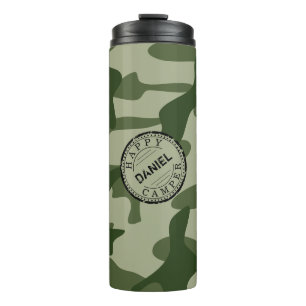 Garrafa Térmica Feliz Camper Olive Green Camo Nome Viagem