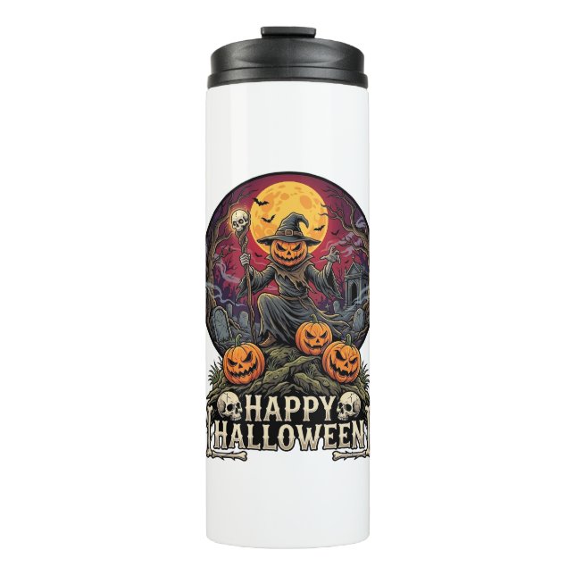 Garrafa Térmica Feliz Halloween Abóbora Feiticeiro Cemitério Lua C (Frente)
