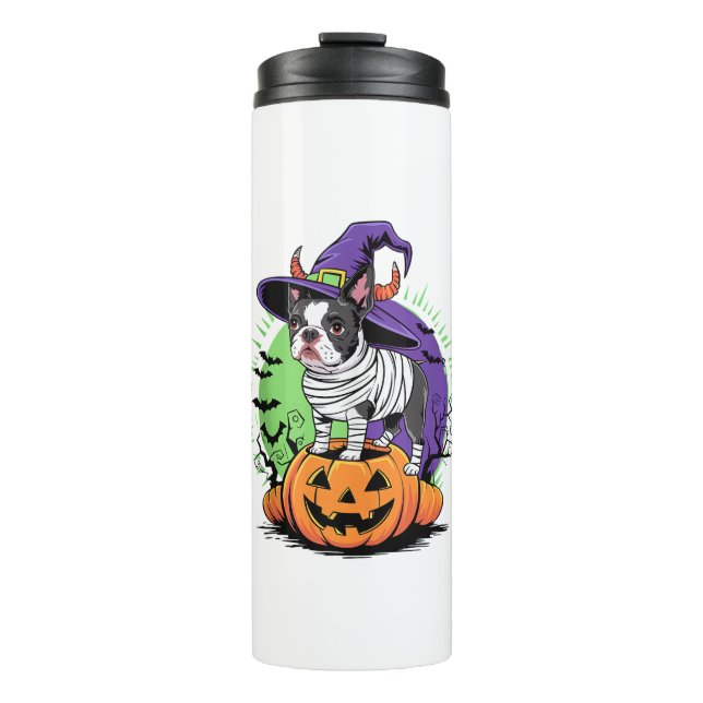 Garrafa Térmica Feliz Halloween com Boston Terrier Mummy & Witch (Frente)