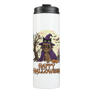 Garrafa Térmica Feliz Halloween Pug Chapéu de Bruxa Caldeirão Abób