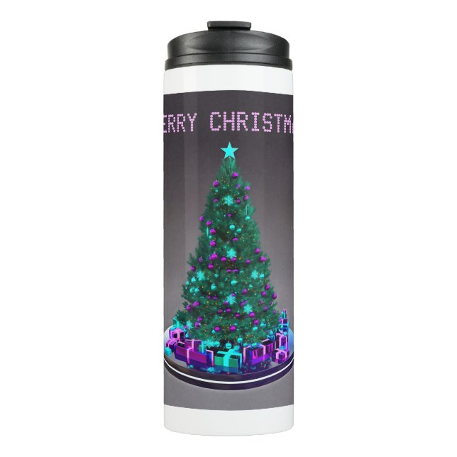 Garrafa Térmica Feliz Natal. Árvore decorada com presentes (Frente)