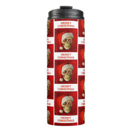 Garrafa Térmica Feliz Natal. Caveira usando chapéu de Papai Noel