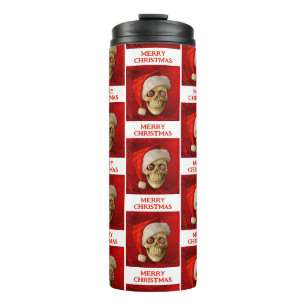 Garrafa Térmica Feliz Natal. Caveira usando chapéu de Papai Noel