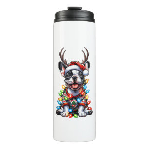 Garrafa Térmica Feliz Natal de Buldogue Francês Luz Santa Hat Rei