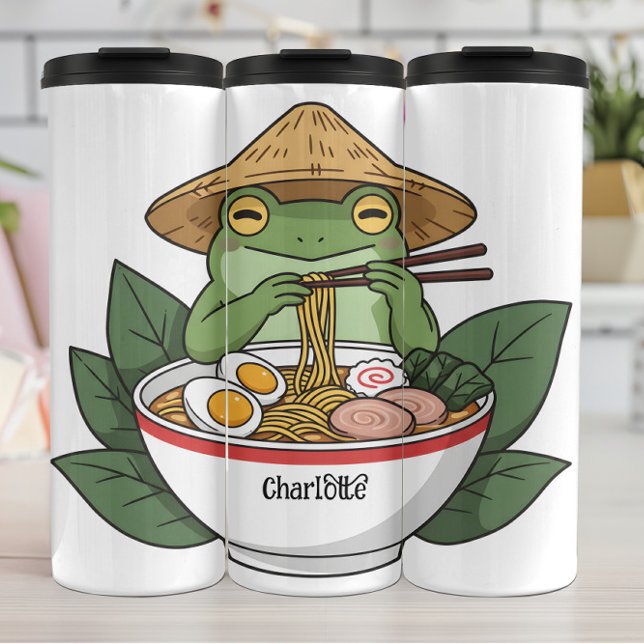 Garrafa Térmica Feliz Sapo: Banquete Ramen, Chapéu Asiático (Criador carregado)