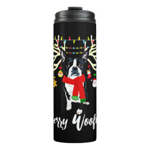 Garrafa Térmica Feliz Woofmas Boston Terrier Reindeer Natal Do