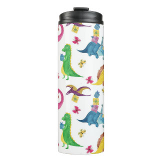 Garrafa Térmica Festa de dinossauro: padrão de aquarela.