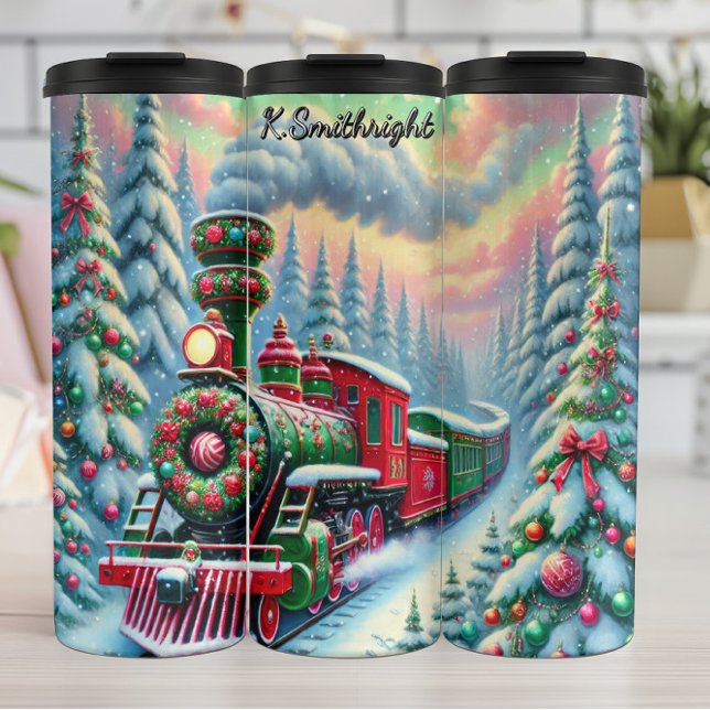 Garrafa Térmica Festive Red Green Forest Train (Criador carregado)