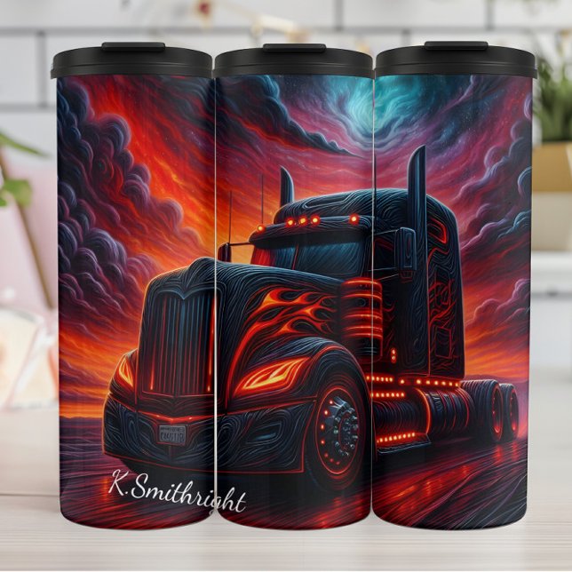 Garrafa Térmica Fiery Black Semi Truck Sunset (Criador carregado)