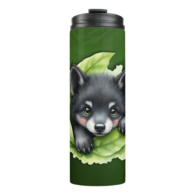 Garrafa Térmica Filhote de lobo no verde: (Frente)