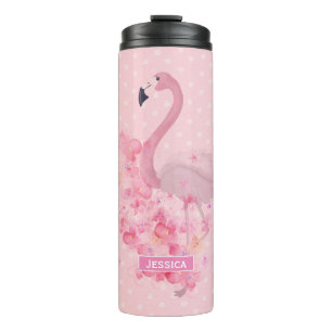 Garrafa Térmica Flamingo Floral e pontos cor-de-água rosa