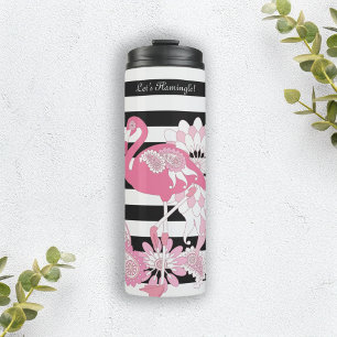 Garrafa Térmica Flamingo Rosa Caprichoso Listras Pretas e Brancas