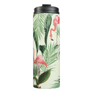 Garrafa Térmica Flamingo rosa e flores exóticas, folhas de palma.