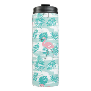 Garrafa Térmica flamingos cor-de-rosa, palmeiras verdes, tropicais