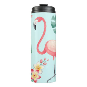 Garrafa Térmica Flamingos Flores Tropicais Padrão de Aquarela