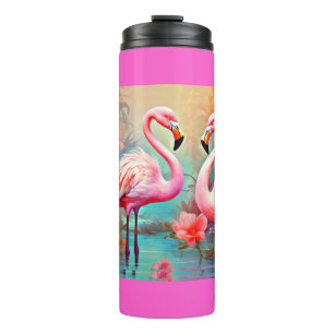 Garrafa Térmica Flamingos rosa em um lago com flores-20231