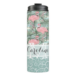 Garrafa Térmica Flamingos Rosa Personalizado Padrão Folhas de Palm