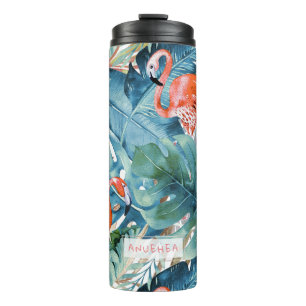 Garrafa Térmica Flamingos Rosa PixDezines+Folhagem Tropical
