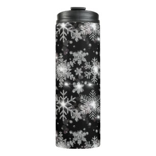 Garrafa Térmica Flocos de neve prateados pretos de Natal elegantes