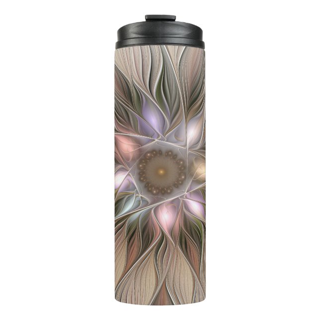 Garrafa Térmica Flor Abstracta Feliz Bege Marrom Fractal Floral (Frente)