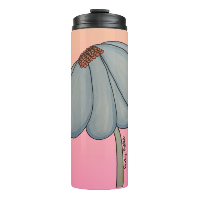 Garrafa Térmica Flor Azul com fundo rosa (Frente)