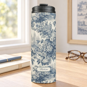 Garrafa Térmica Flor chic vintage monograma azul toile de jouy