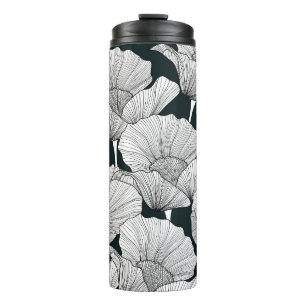 Garrafa Térmica Flor De Papoila, Linha Branca Preta.
