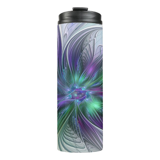 Garrafa Térmica Flor Moderna Abstrata Fractal Verde Roxo (Frente)