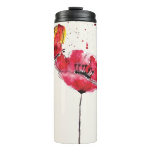 Garrafa Térmica Flor pintada estilizado da papoila da aguarela